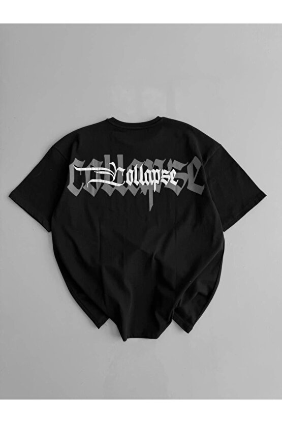 Baskılı Oversize Bisiklet Yaka T-shirt - Siyah