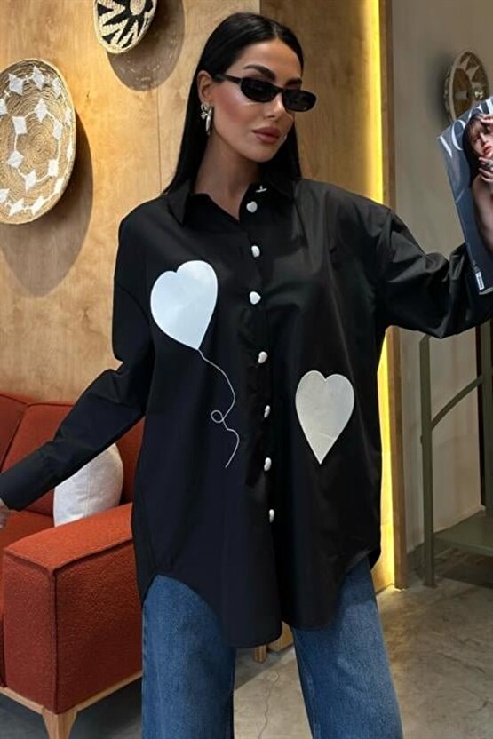 eyesof Kalp Nakışlı Ve Düğme Detaylı Oversize Gömlek 3430