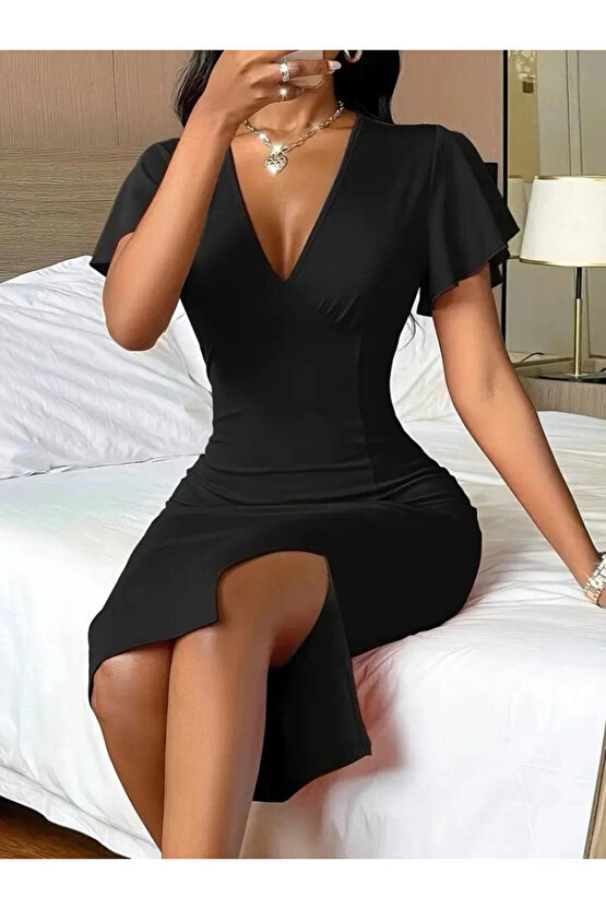 Kadın Kısa Kollu Derin Dekolte V Yakalı Yırtmaçlı Midi Janjan Krep Elbise