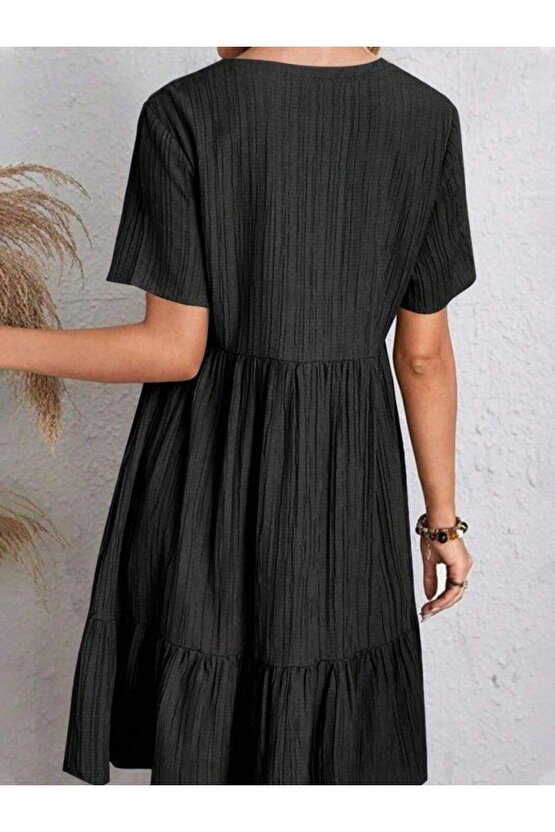 Kadın Kısa Kollu V Yakalı Fırfırlı Bürümcük Elbise