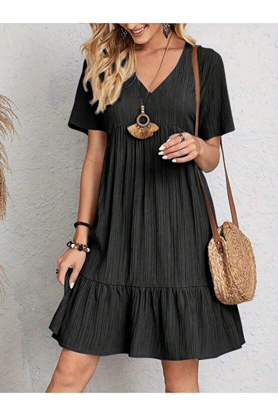 Kadın Kısa Kollu V Yakalı Fırfırlı Bürümcük Elbise