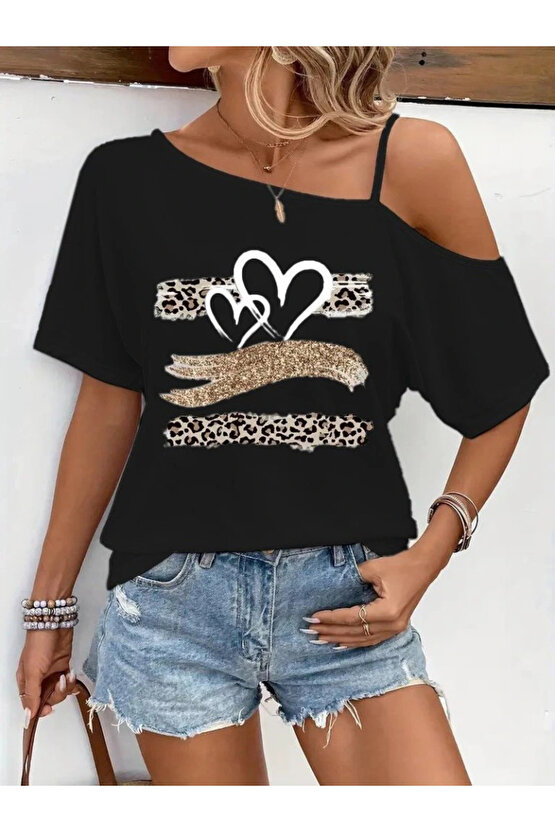 Kadın Tek Omuzu Açık Ip Askılı Baskılı Viskon Bluz