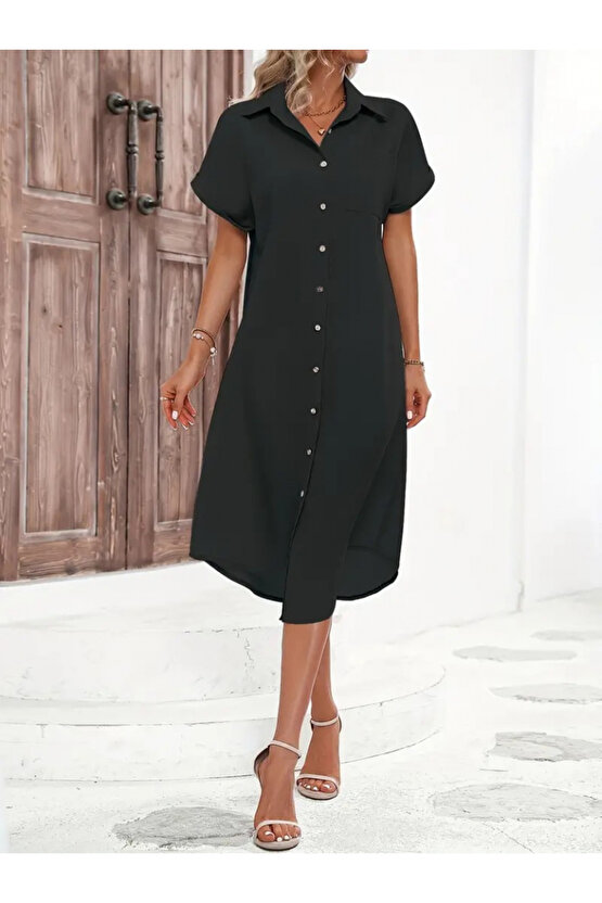 eyesof Kadın Kısa Kollu Yakalı Düğme Detay Midi Dokuma Elbise