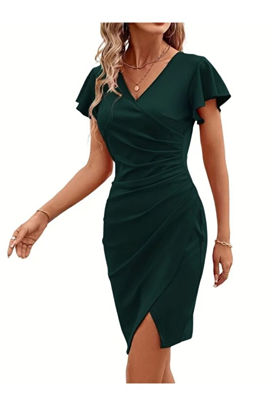 Kadın Kısa Kollu Volanlı Kruvaze Yaka Yanlardan Büzgülü Ithal Krep Elbise