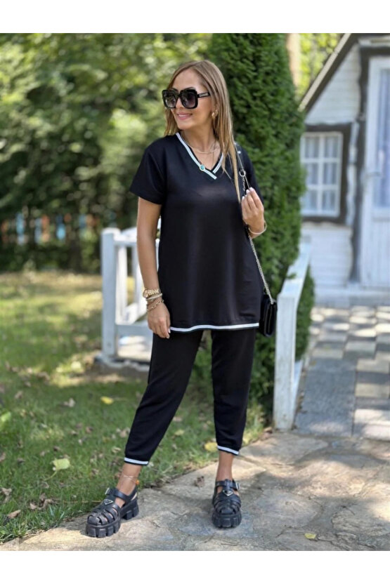 eyesof Kadın Kısa Kollu V Yakalı Iki Iplik Bluz Ve Pantolon Ikili Takım