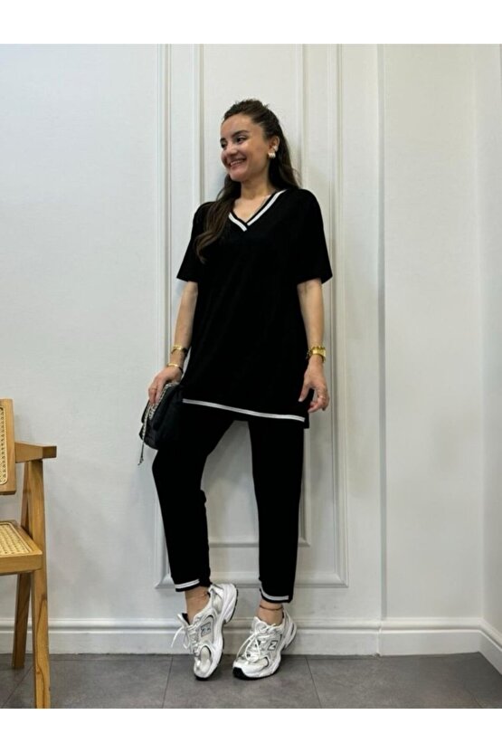 eyesof Kadın Kısa Kollu V Yakalı Iki Iplik Bluz Ve Pantolon Ikili Takım