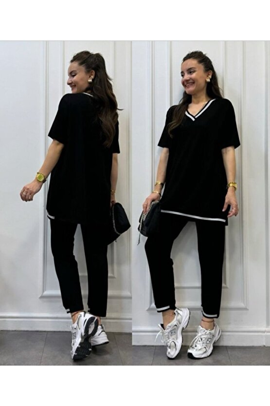 eyesof Kadın Kısa Kollu V Yakalı Iki Iplik Bluz Ve Pantolon Ikili Takım