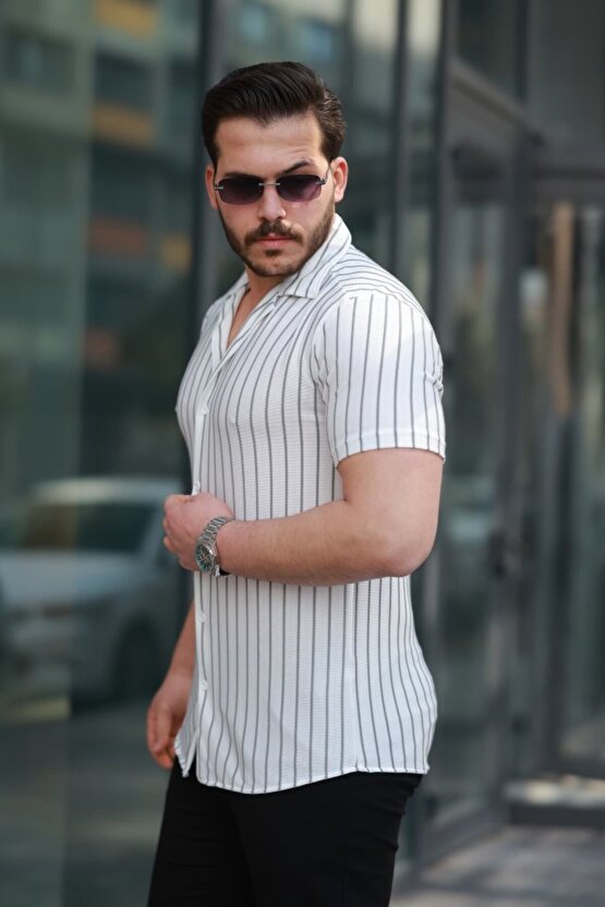 eyesof Erkek Kısa Kollu Gri çizgi Desenli örme Kumaş Pamuklu Gömlek