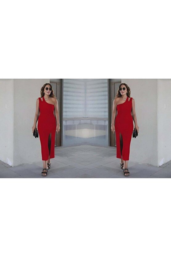 Kadın Kolsuz Tek Omuz Damla Detay JanJan Krep Elbise