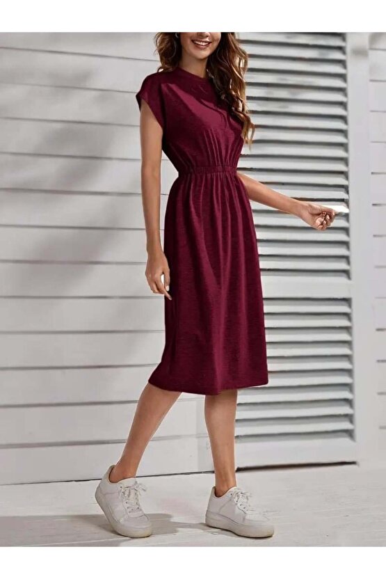 Kadın Kısa Kollu Bisiklet Yaka Belden Lastikli Midi Viskon Elbise
