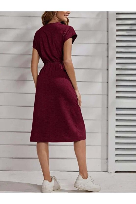 Kadın Kısa Kollu Bisiklet Yaka Belden Lastikli Midi Viskon Elbise
