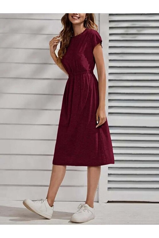 Kadın Kısa Kollu Bisiklet Yaka Belden Lastikli Midi Viskon Elbise