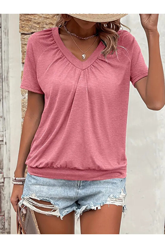 eyesof Kadın Kısa Kollu V Yakalı Büzgü Detaylı Viskon Bluz