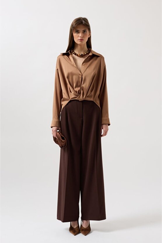 eyesof Bel Büzgülü Crop Saten Gömlek