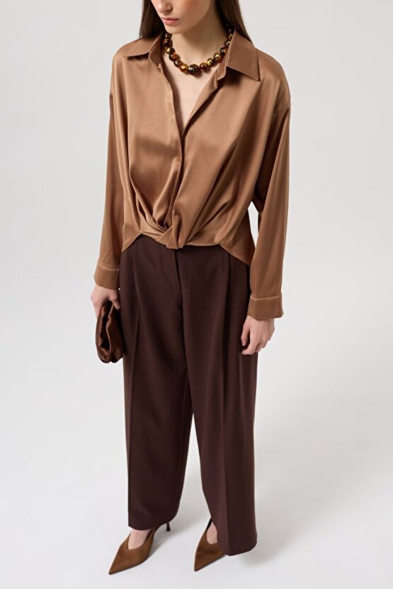 eyesof Bel Büzgülü Crop Saten Gömlek