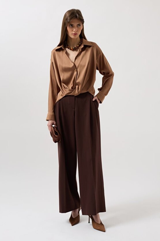 eyesof Bel Büzgülü Crop Saten Gömlek