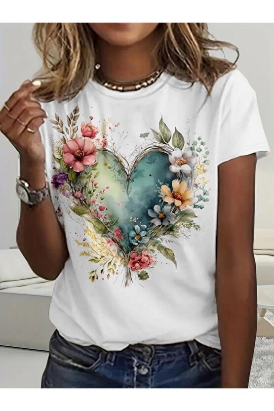 Kadın Kısa Kollu Bisiklet Yaka Kalp Desenli Süprem Bluz