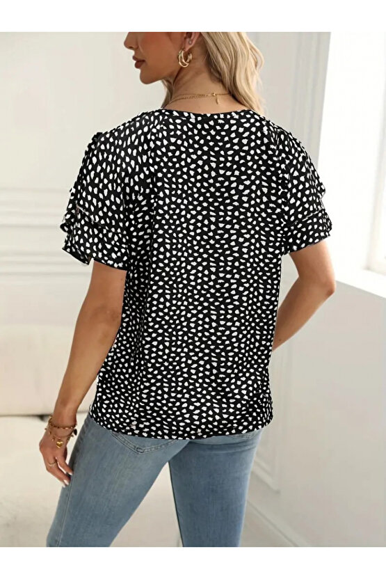 eyesof Kadın Kısa Kollu Kolları Volanlı Baskılı Süprem Bluz