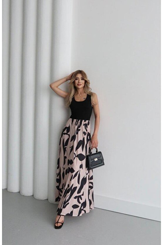 Kadın Askılı Yuvarlak Yaka üst Viskon Alt Desenli Uzun Süprem Elbise