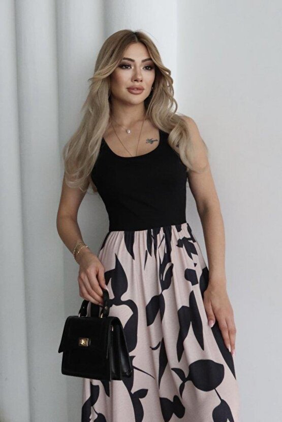 Kadın Askılı Yuvarlak Yaka üst Viskon Alt Desenli Uzun Süprem Elbise