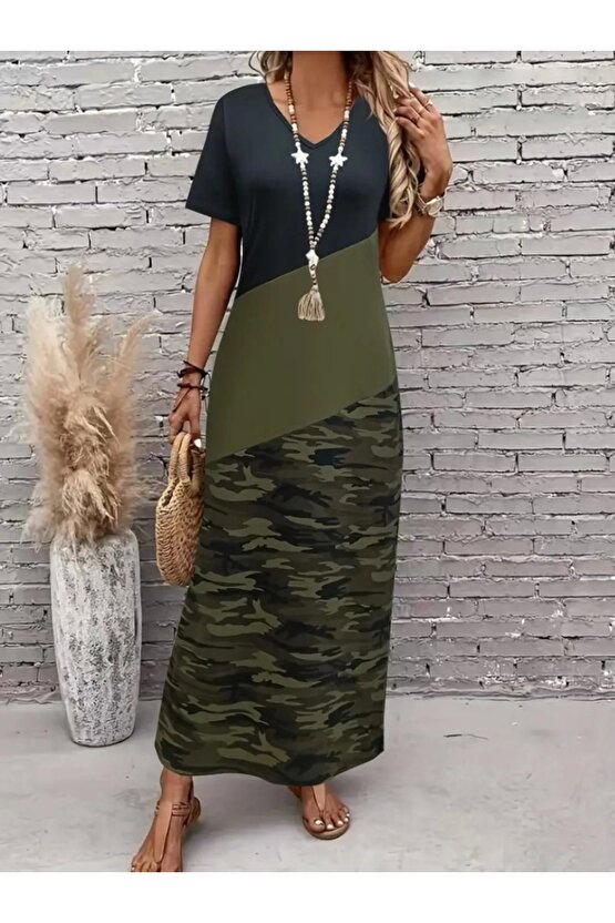 Kadın Kısa Kollu Bisiklet Yaka çok Renkli Maksi Viskon Elbise