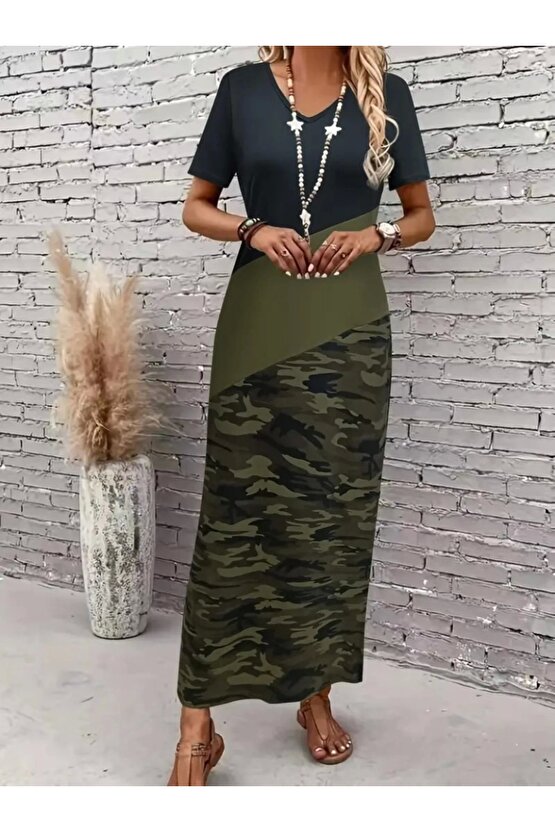 Kadın Kısa Kollu Bisiklet Yaka çok Renkli Maksi Viskon Elbise