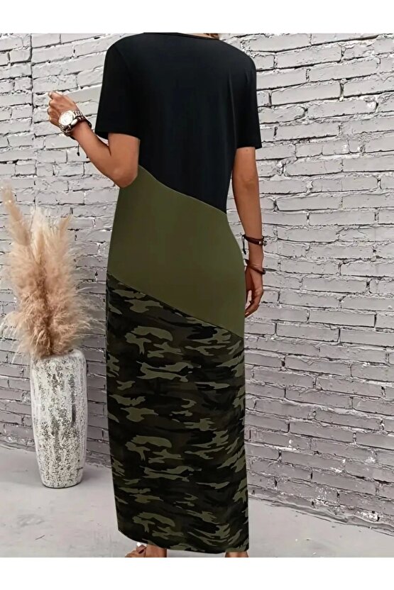 Kadın Kısa Kollu Bisiklet Yaka çok Renkli Maksi Viskon Elbise