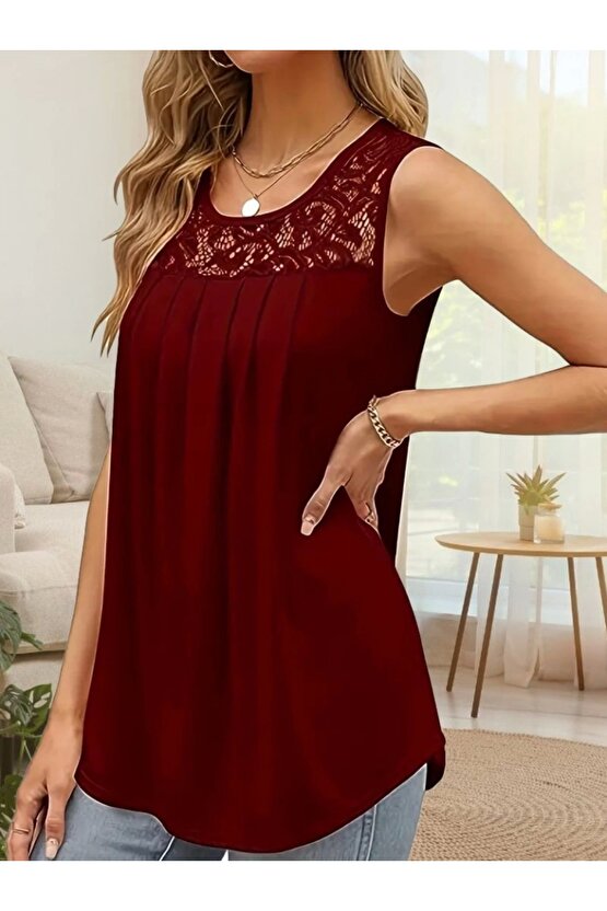 Kadın Askılı Yuvarlak Yaka Dantel Detaylı Viskon Bluz