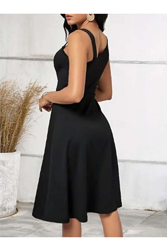 Kadın Tek Omuzu şerit Detaylı Sıfır Kol Yandan Düğme Detaylı Janjan Krep Elbise