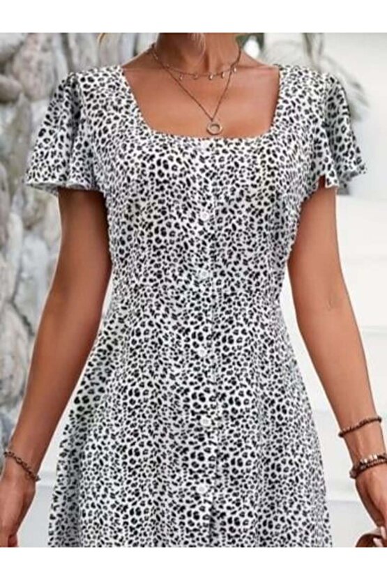 Kadın Kısa Kollu Kare Yaka önden Düğmeli çiçekli Süprem Elbise