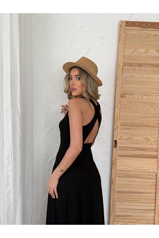 Kadın Arkadan çapraz Detay Yuvarlak Yaka Maksi Viskon Elbise