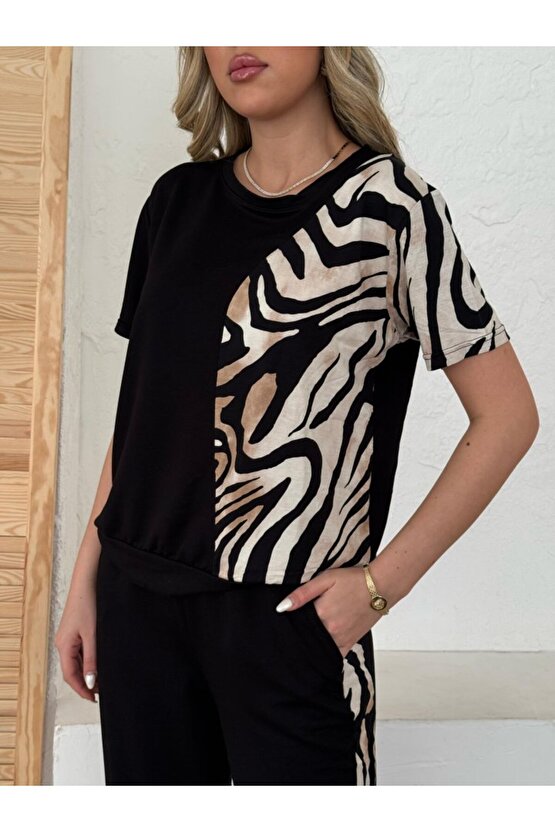 moda wanilia Kadın Bisiklet Yaka Kısa Kol Leopar Desen Bluz Ve Pantolon Ikili Takım