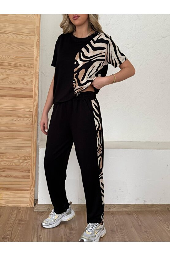 moda wanilia Kadın Bisiklet Yaka Kısa Kol Leopar Desen Bluz Ve Pantolon Ikili Takım