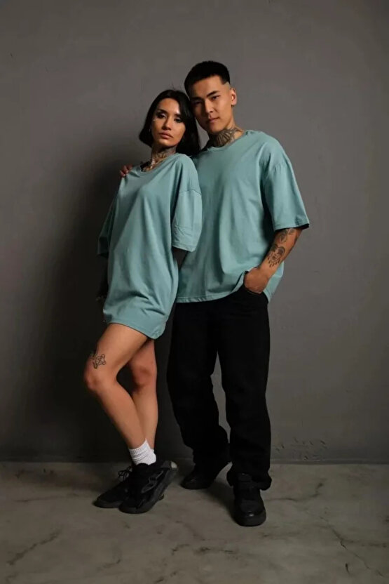 Erkek 241 Düz A Kalite Oversize T-shirt - Mint Yeşili