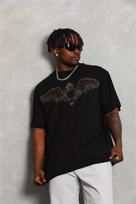 eyesof Unisex Oversize Taşlı Bisiklet Yaka T-Shirt - Siyah