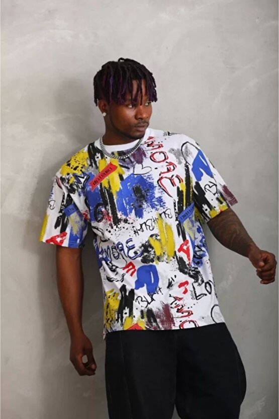 Unisex Oversize Baskılı Bisiklet Yaka T-Shirt - Beyaz