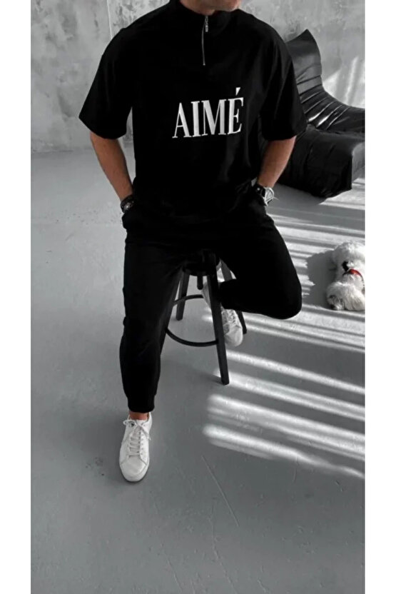 eyesof Unisex Yarım Fermuarlı Baskılı T-Shirt - Siyah