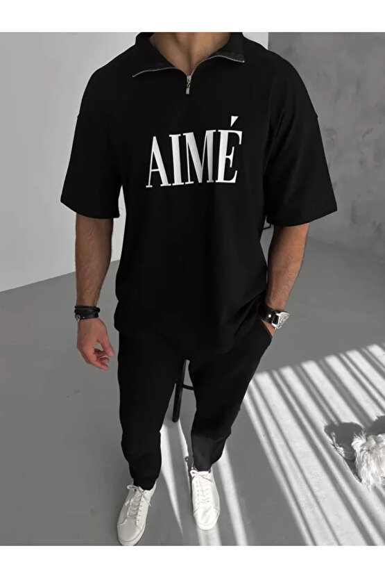 eyesof Unisex Yarım Fermuarlı Baskılı T-Shirt - Siyah