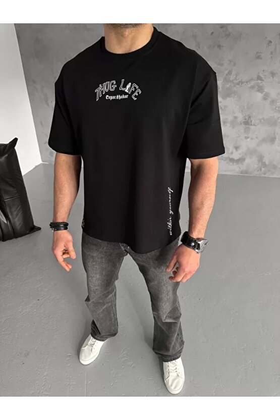 Unisex Baskılı Oversize T-Shirt - Siyah