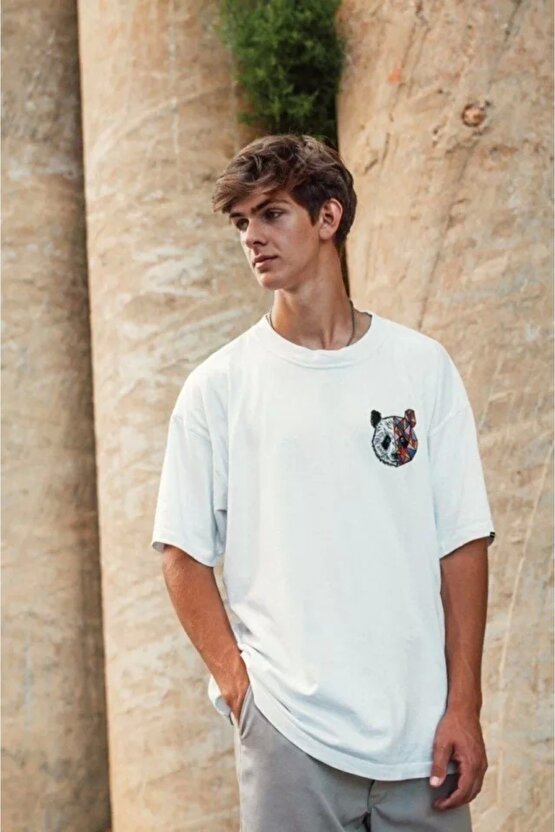 Unisex Baskılı Oversize T-Shirt - Beyaz