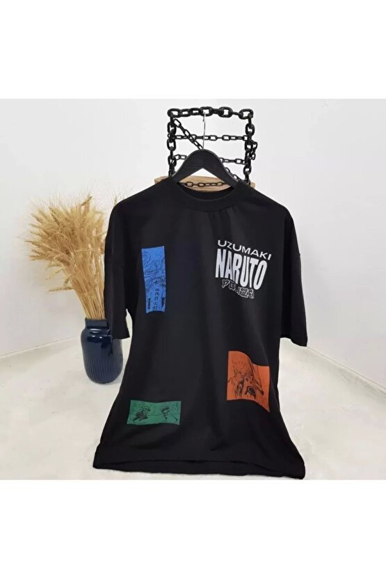 Unisex Bisiklet Yaka Baskılı Oversize T-Shirt - Siyah