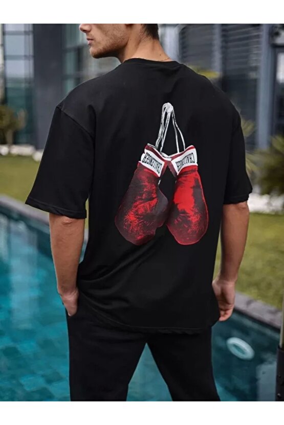 Unisex Bisiklet Yaka Baskılı Oversize T-Shirt - Siyah