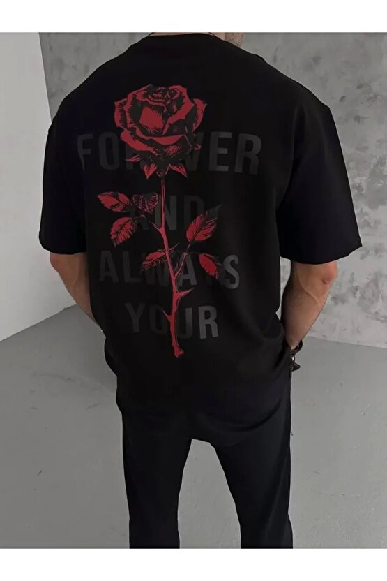 Unisex Bisiklet Yaka Baskılı Oversize T-Shirt - Siyah