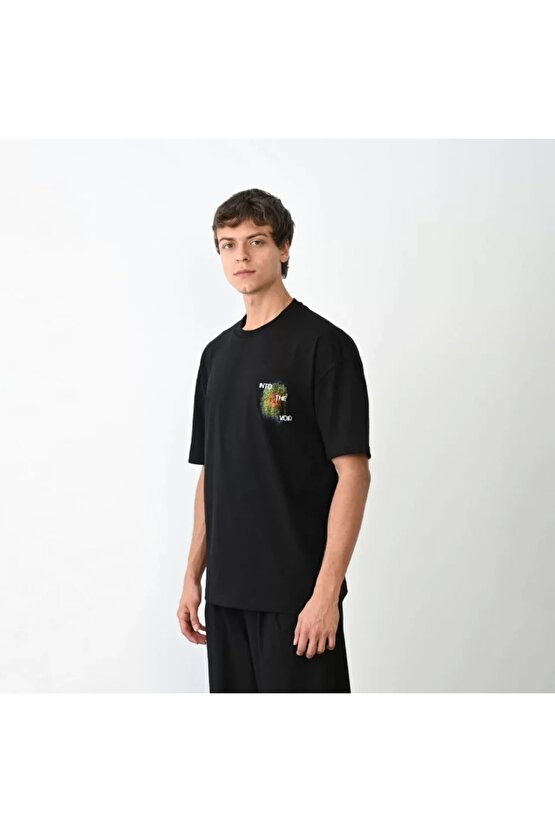 Unisex Bisiklet Yaka Baskılı Oversize T-Shirt - Siyah