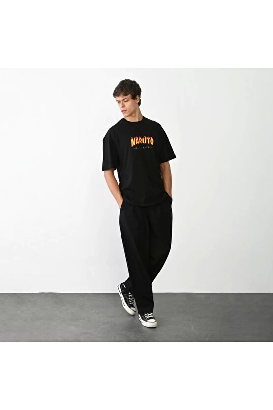 Unisex Bisiklet Yaka Baskılı Oversize T-Shirt - Siyah