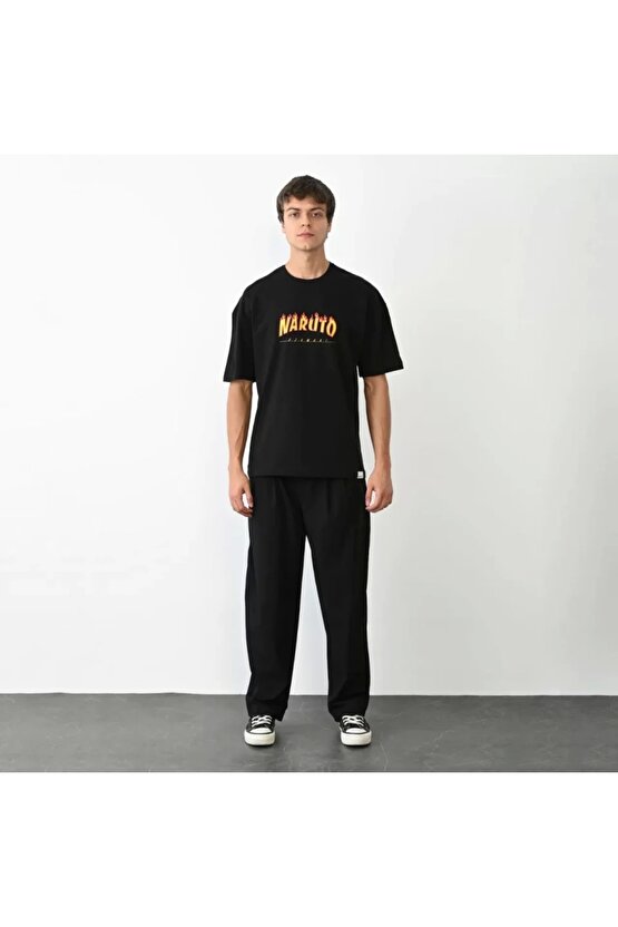 Unisex Bisiklet Yaka Baskılı Oversize T-Shirt - Siyah