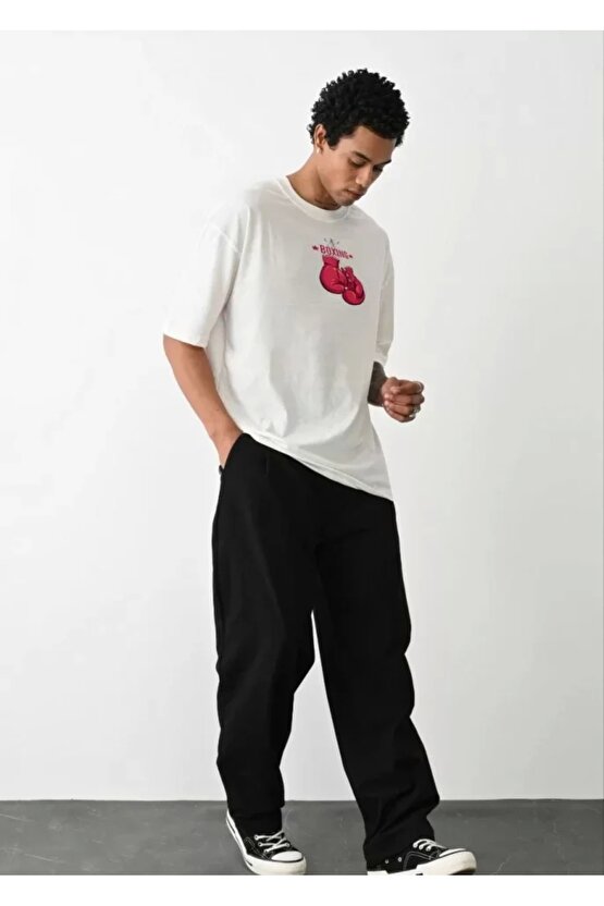 Unisex Bisiklet Yaka Baskılı Oversize T-Shirt - Beyaz