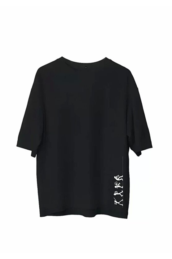 Unisex Bisiklet Yaka Baskılı Oversize T-Shirt - Siyah