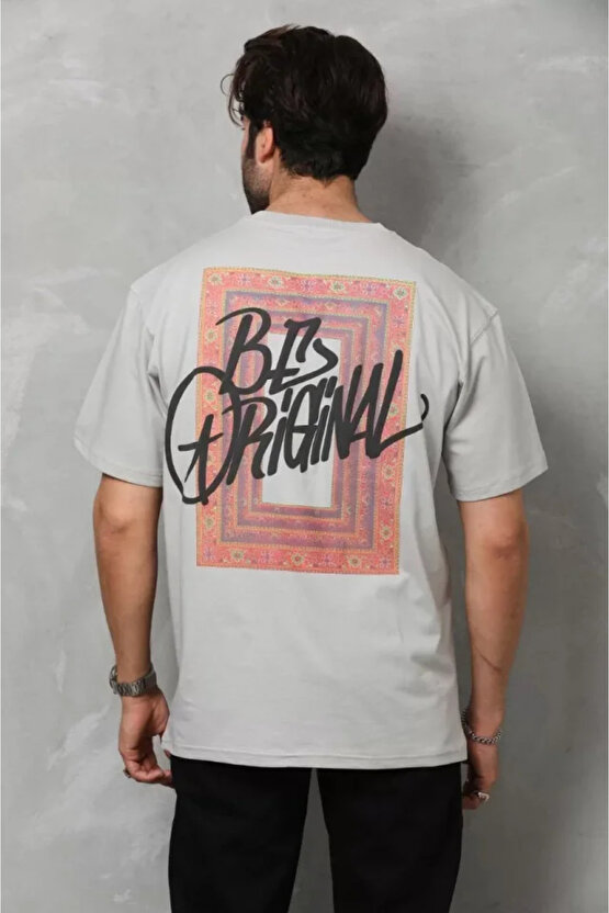 eyesof Unisex Bisiklet Yaka Baskılı Oversize T-Shirt - Gri