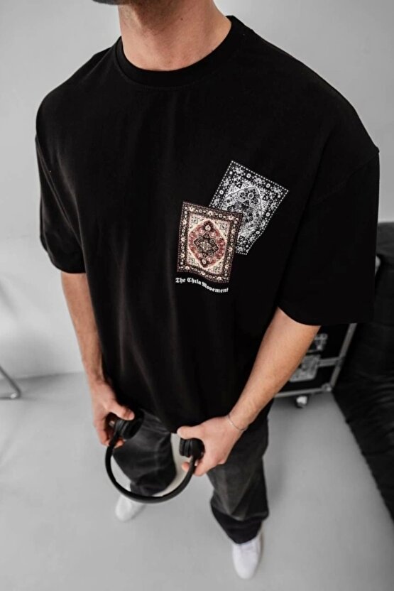Erkek Baskılı Oversize T-shirt - Siyah